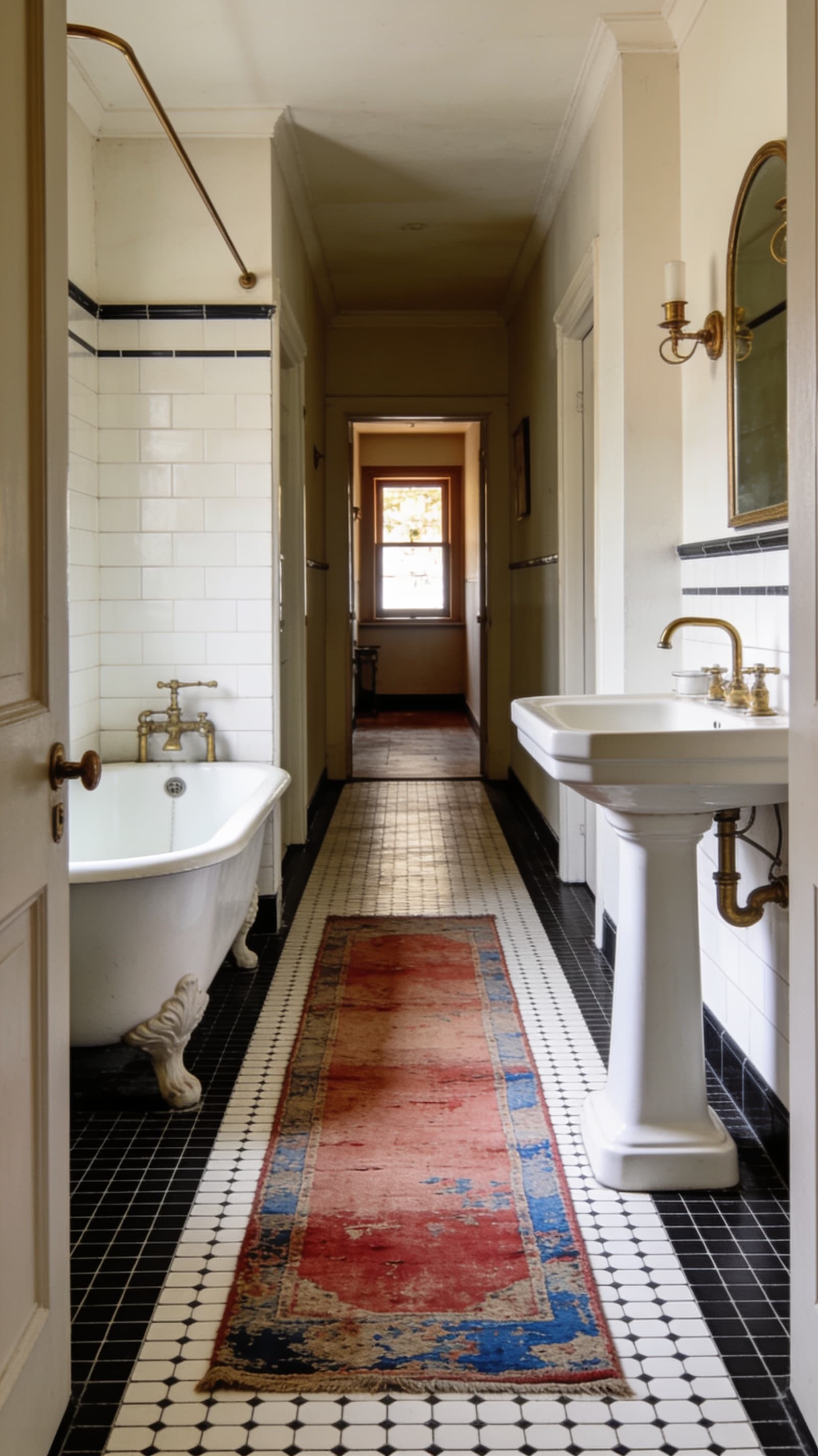 Faded narrow vintage runner rug down the center of a long vintage bathroom floor
