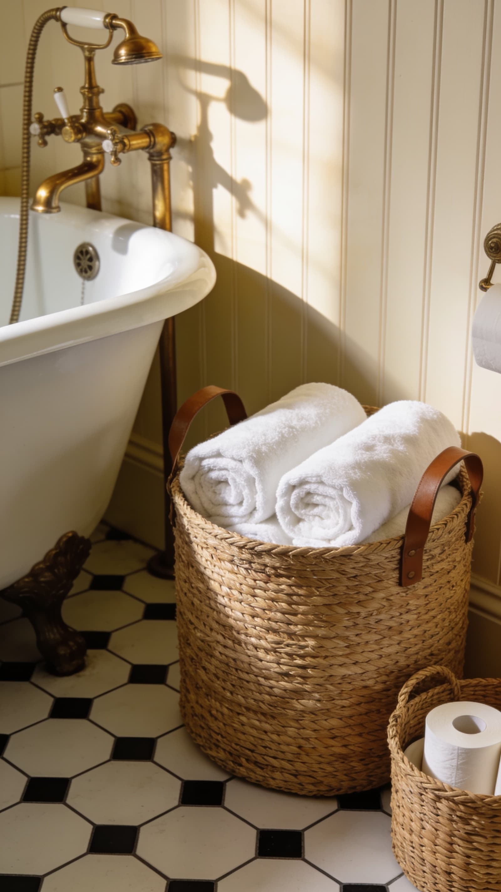 Wicker storage basket with rolled towels beside a clawfoot tub in a vintage bathroom