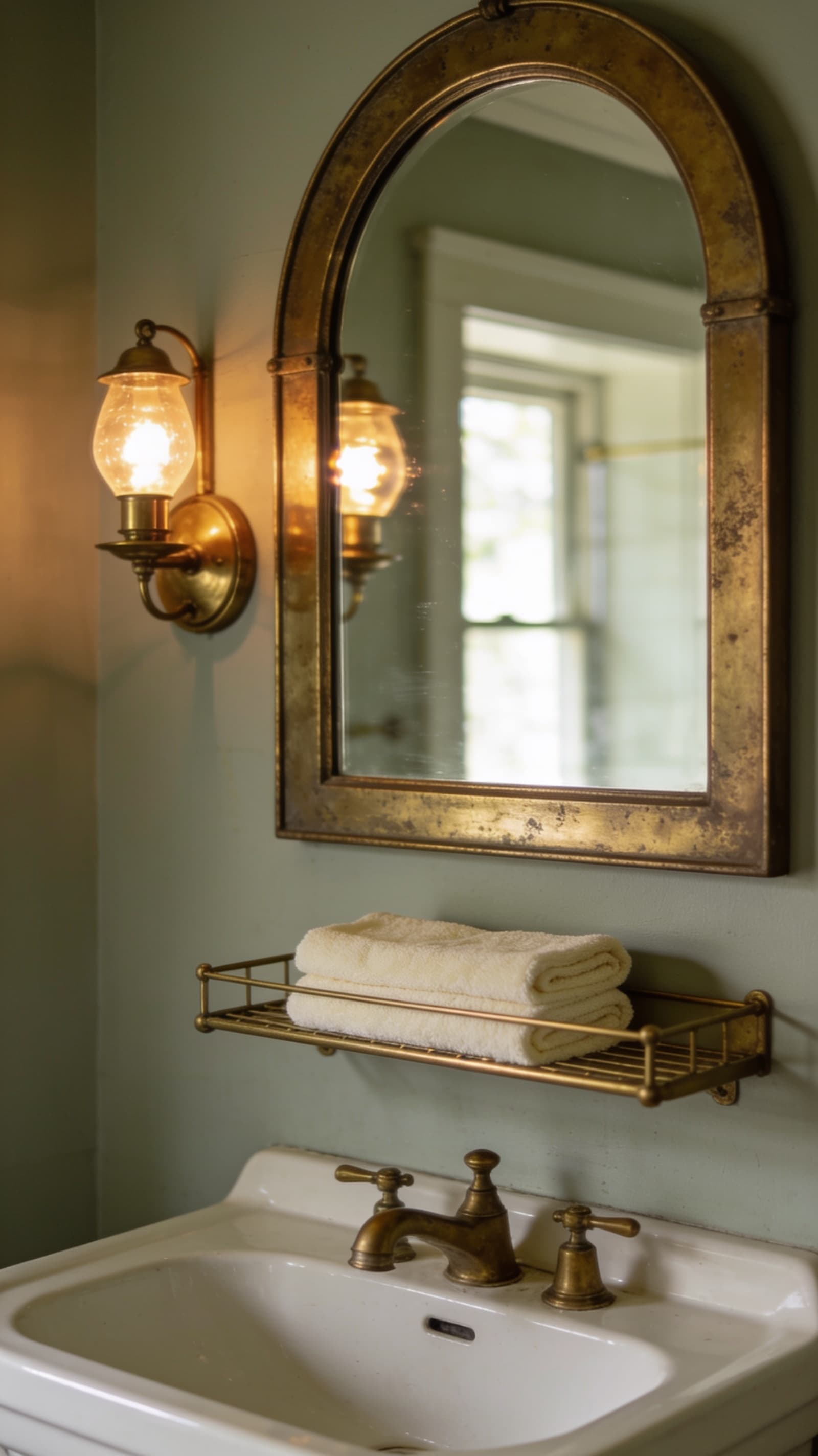 Arched brass-framed round mirror above a sink in a vintage bathroom