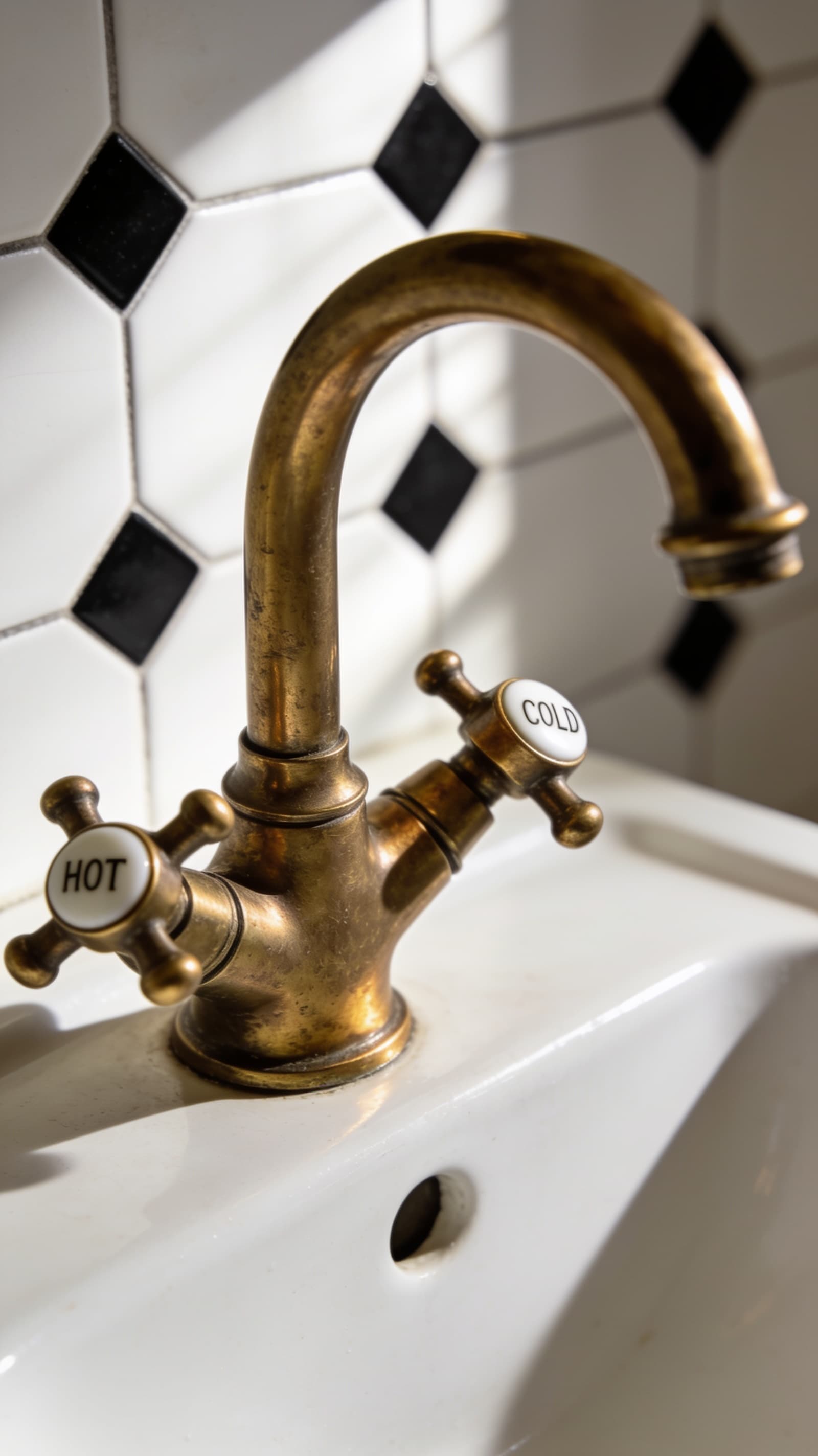 Vintage-style brass bathroom faucet with cross handles on a white porcelain sink