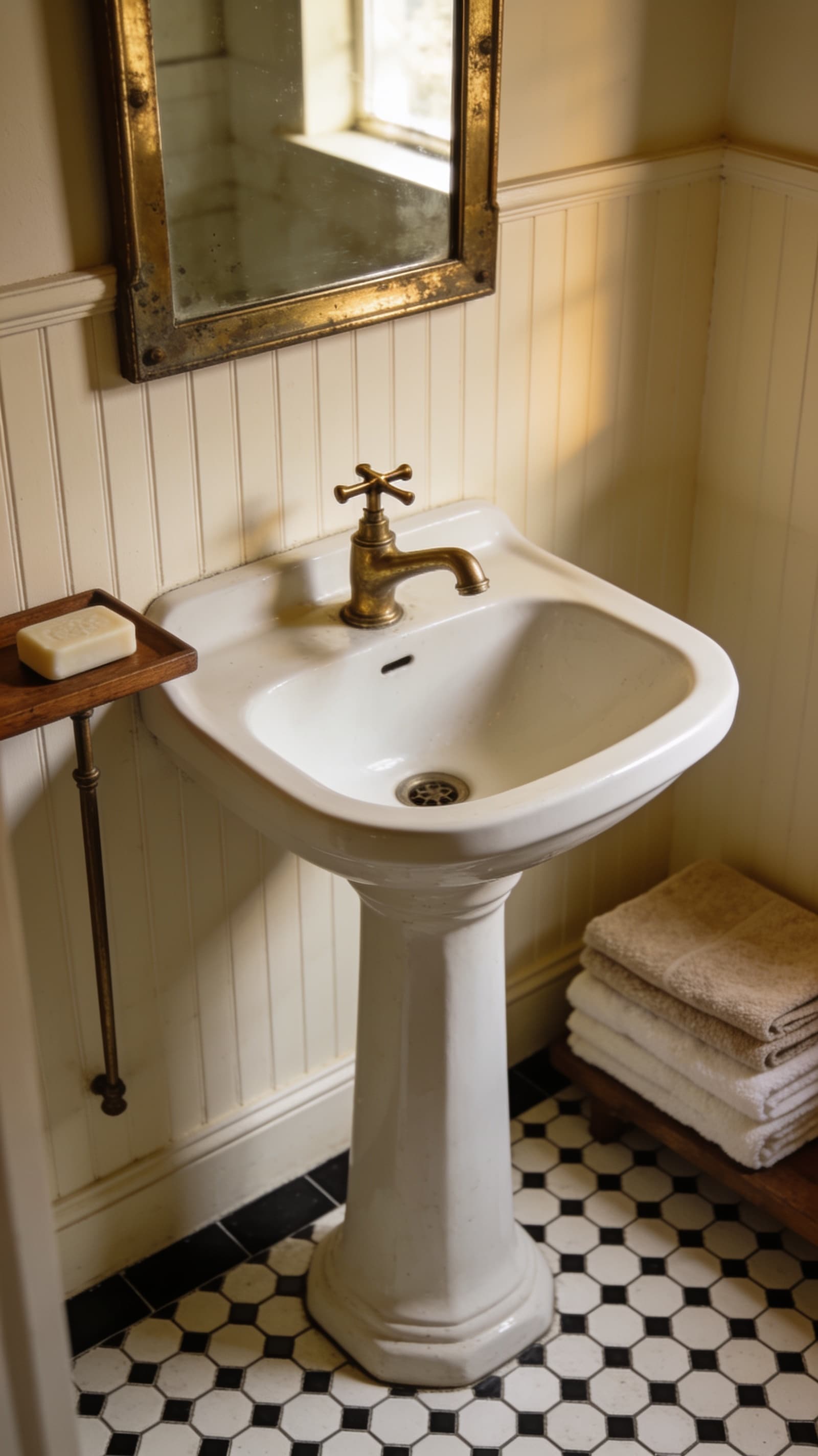 White porcelain pedestal sink with a brass faucet in a small vintage bathroom