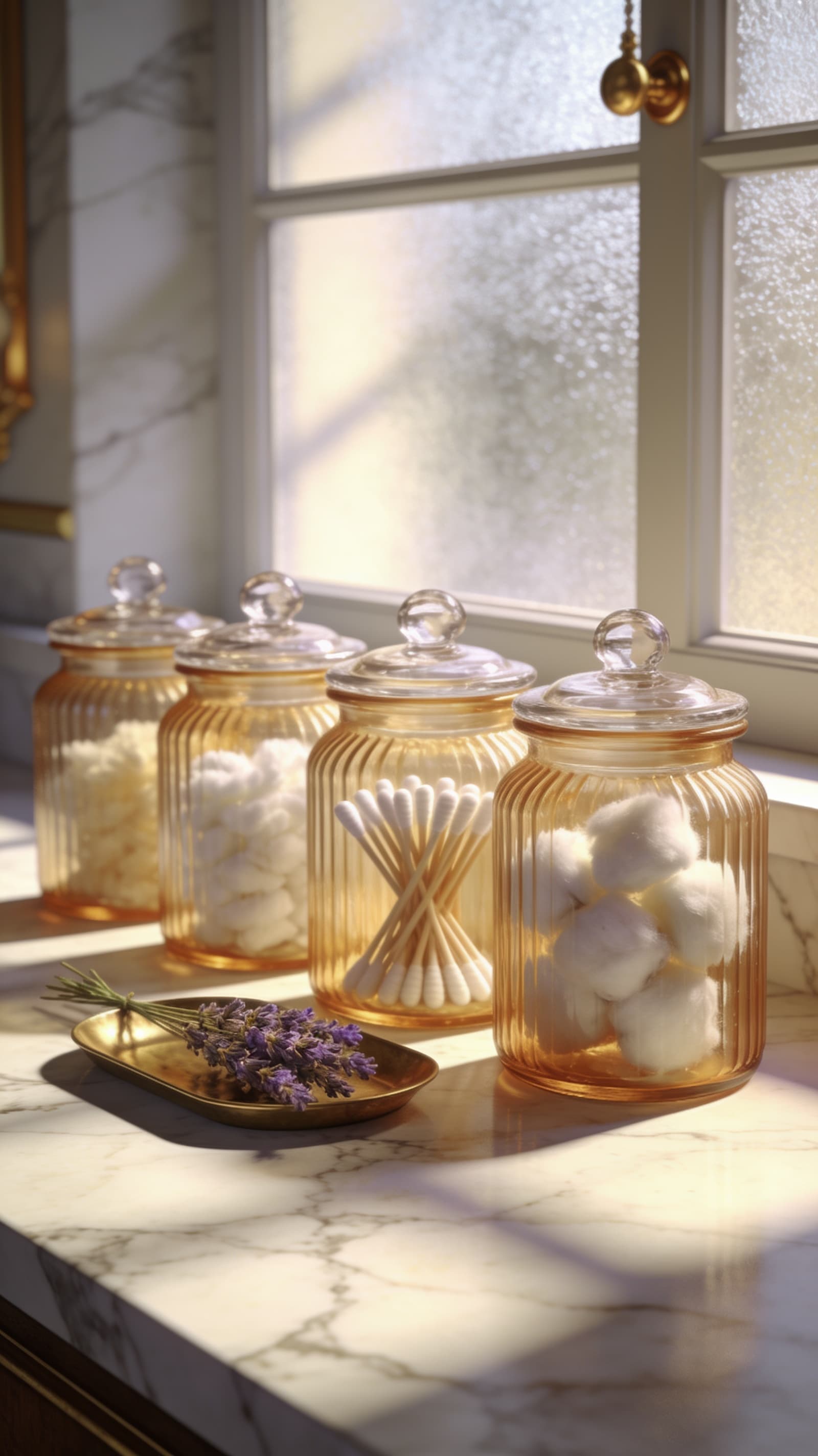 Ribbed glass apothecary jars holding cotton balls and swabs on a vintage bathroom counter