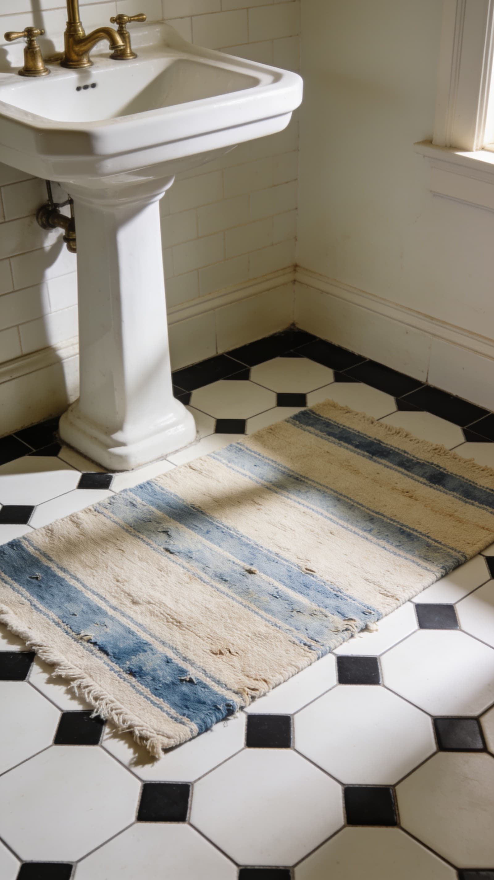 Faded flat-woven vintage bath rug with soft stripes on black and white hex tile