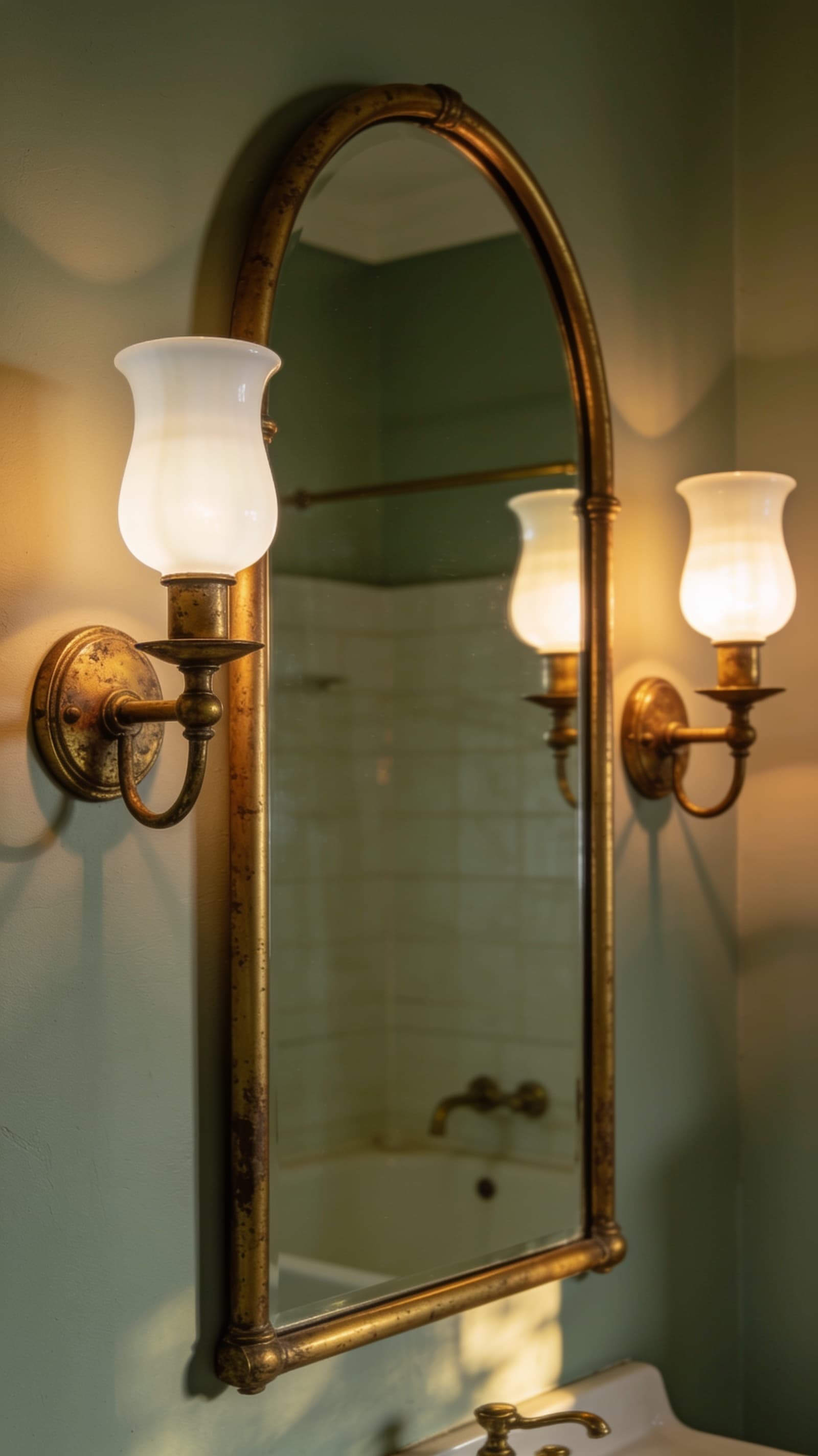 Brass and milk glass wall sconces flanking a mirror in a vintage bathroom