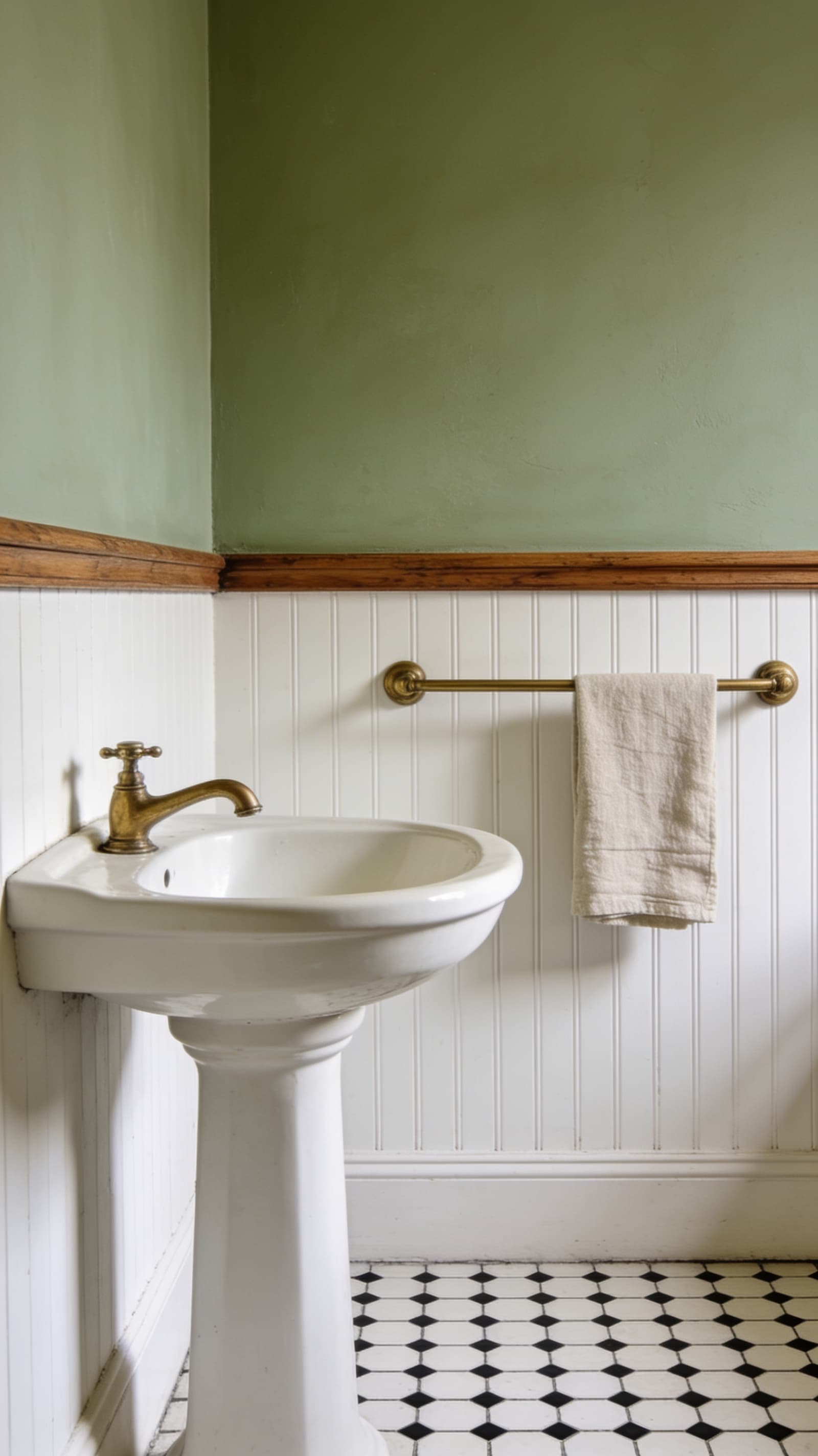 White beadboard paneling on the lower half of a vintage bathroom wall