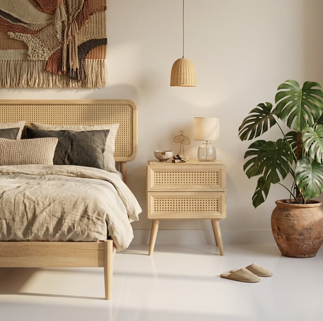 Natural rattan two-drawer nightstand with a warm-toned ceramic lamp beside a taupe wall