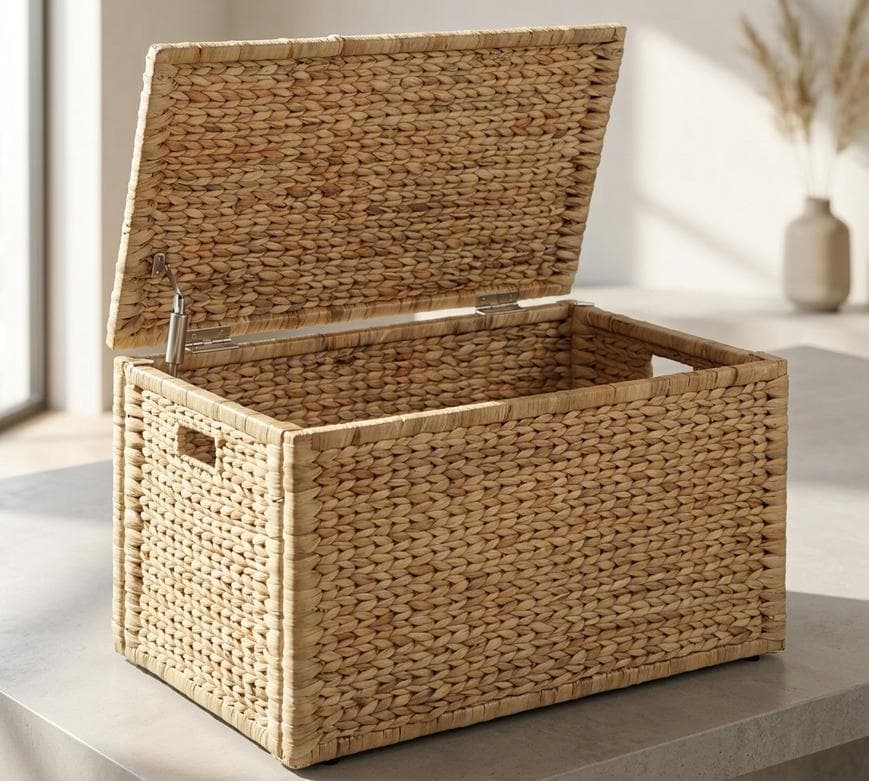 Lidded seagrass woven storage trunk at the foot of a boho bed