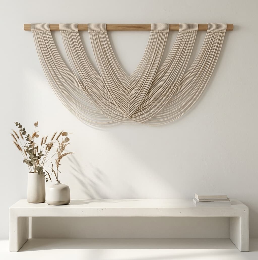 Large neutral macrame wall hanging in warm white above an upholstered headboard