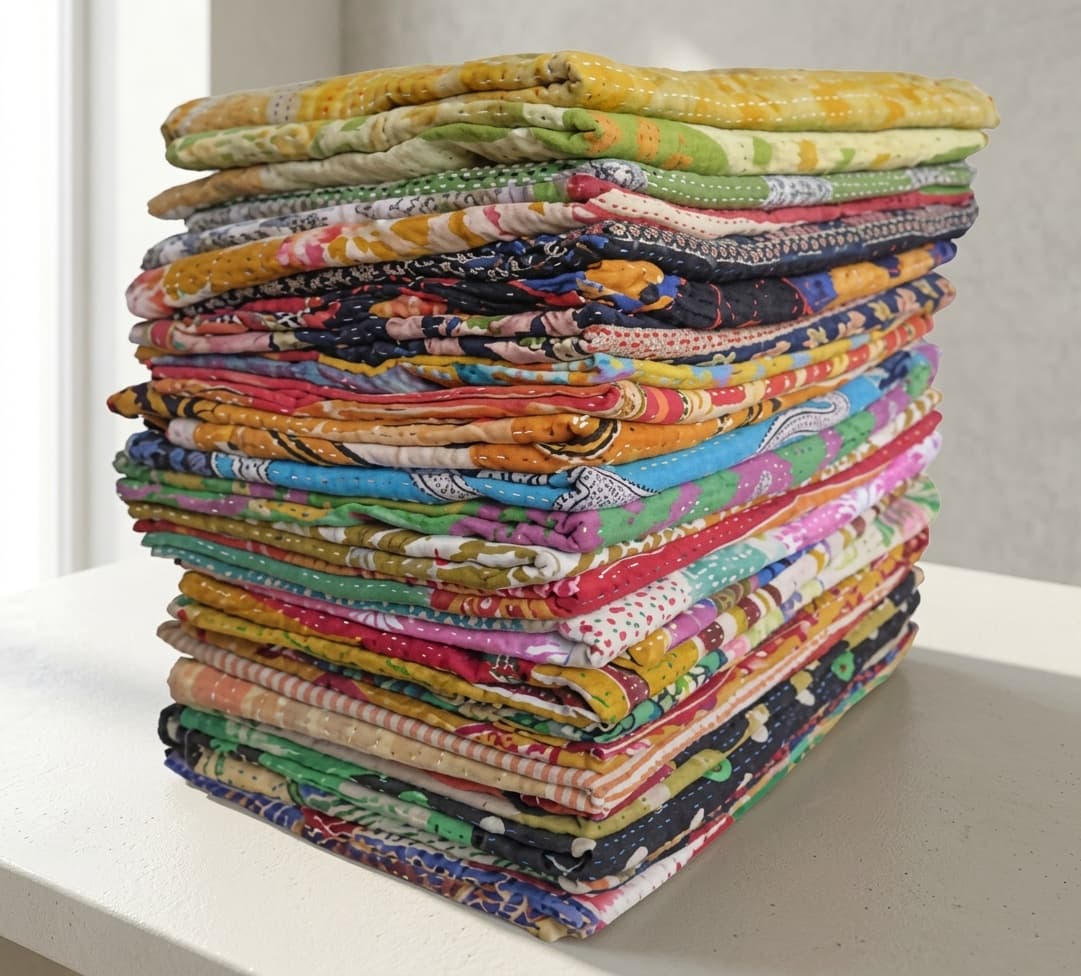 Vintage kantha quilt in rust and ochre tones folded across a linen bed