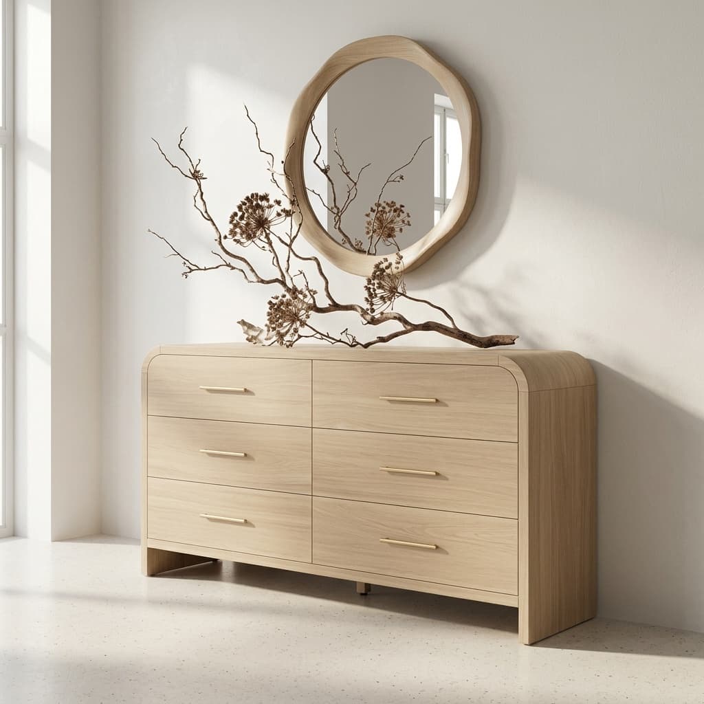 Solid oak six-drawer dresser styled against a warm taupe wall in a neutral bedroom