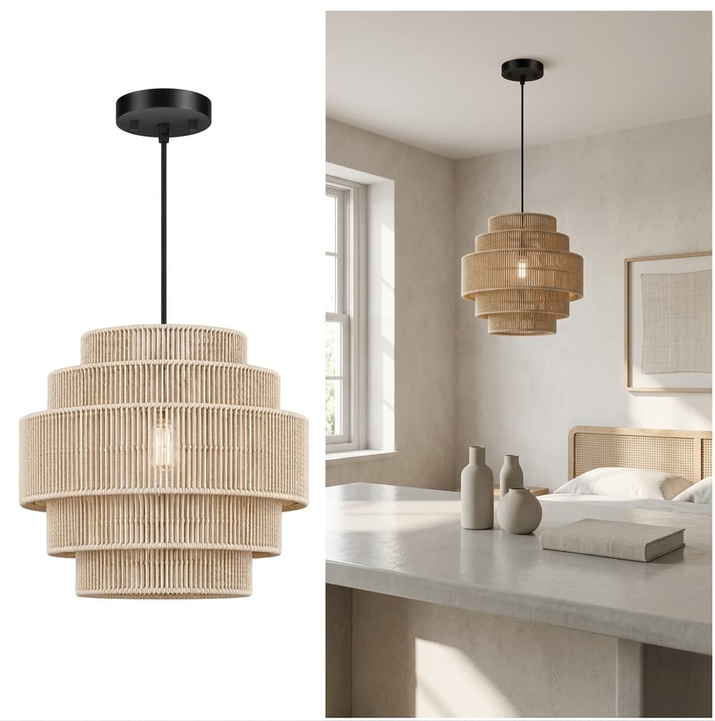 Woven rattan pendant light fixture casting dappled light in a bedroom