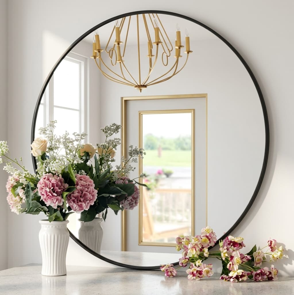 Matte black round mirror mounted above a dresser in an all-neutral bedroom