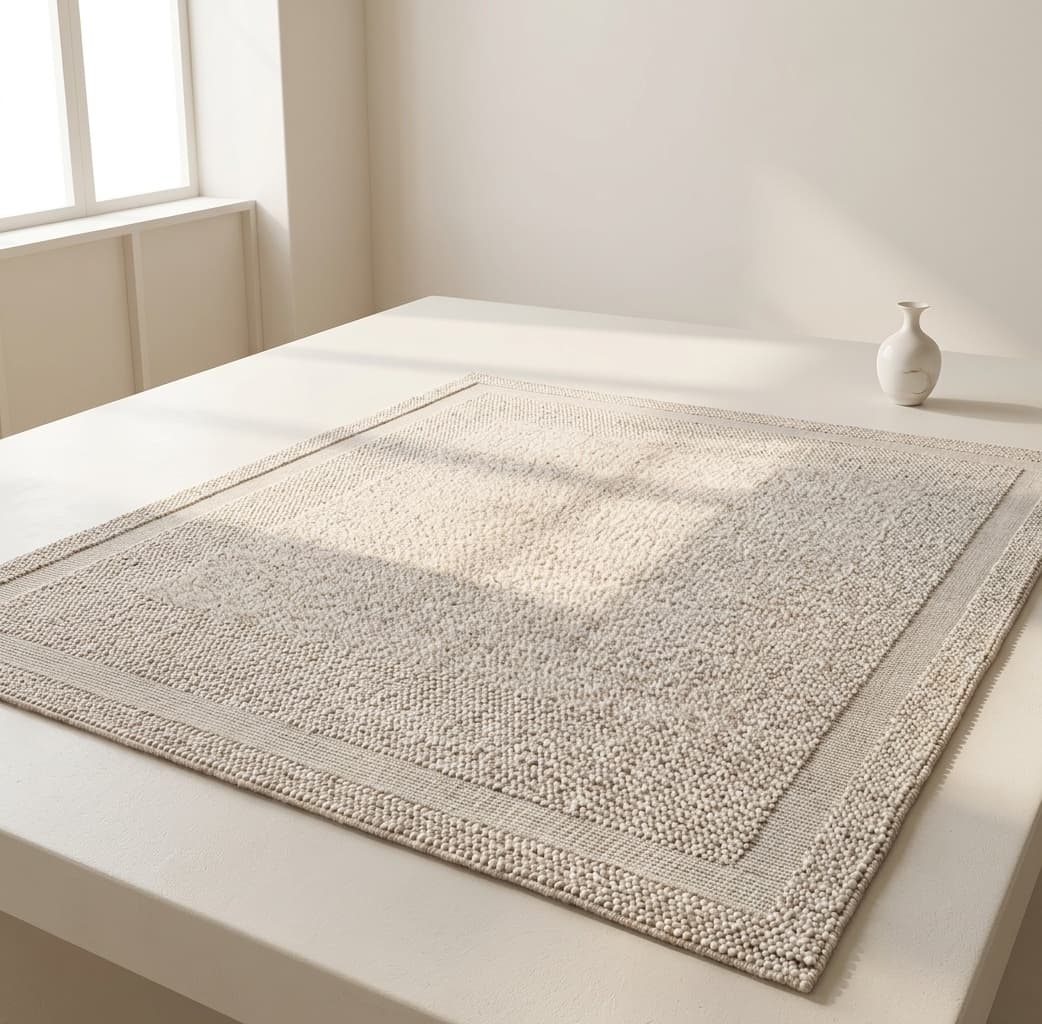 Chunky ivory knit throw draped over a bed corner above a low-pile ivory area rug