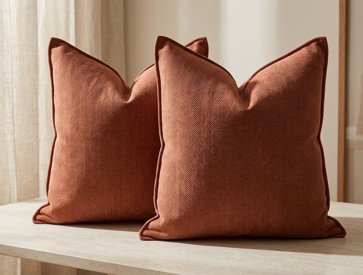 Terracotta and rust textured throw pillows layered on a linen bed