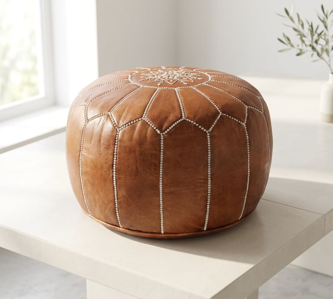 Round tan leather pouf ottoman in the corner of a boho bedroom