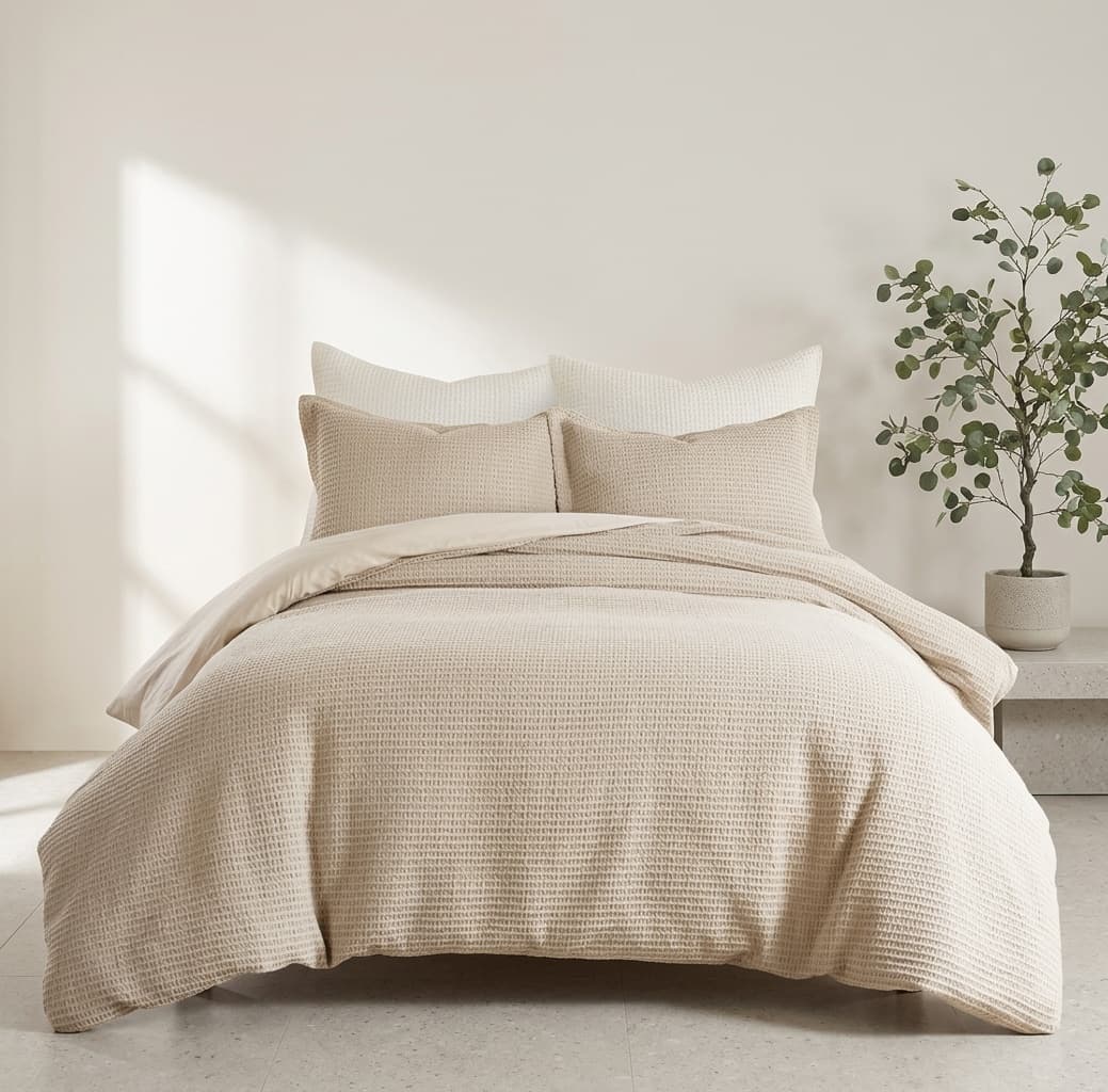 Bed layered with warm white sheets, a taupe quilted coverlet, and a cream knit throw folded at the foot