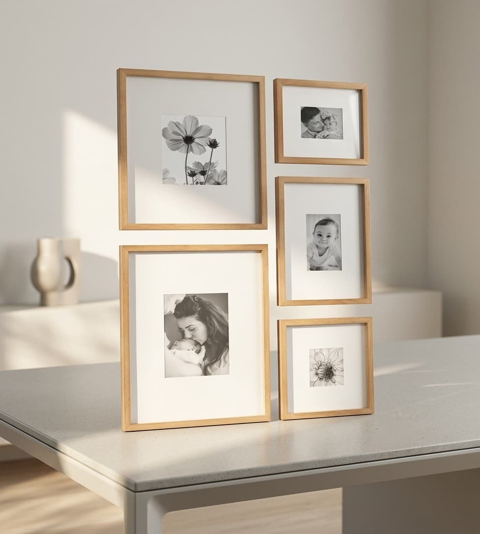 Gallery wall mixing aged brass, natural wood, and black frames above a bed