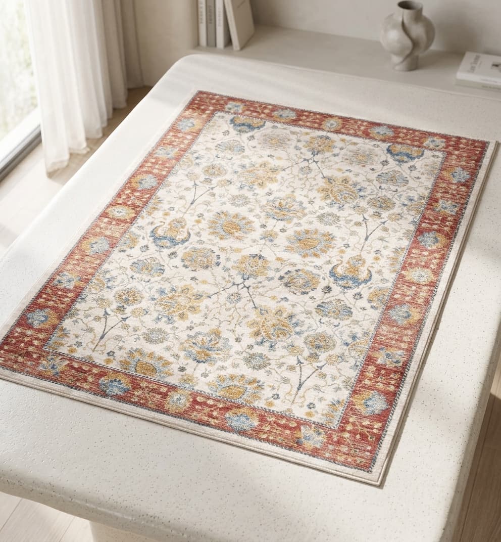 Vintage Turkish rug layered over a larger jute base rug beside a bed